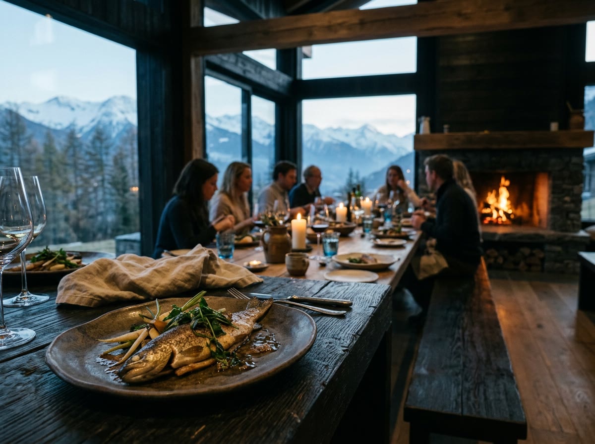 Pan-seared trout on a stoneware plate at a candle-lit timber table, guests and an open fire behind