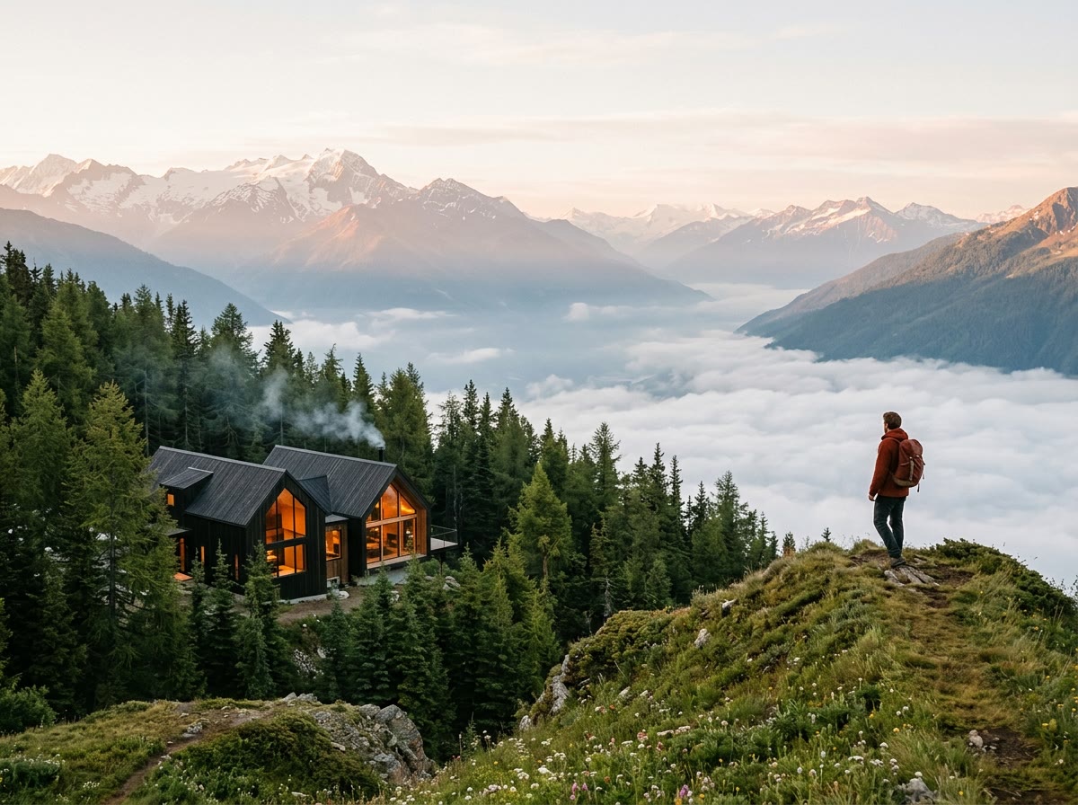 A lone hiker in a rust-red jacket on a grassy ridge above a sea of cloud, the lodge in the larch forest below