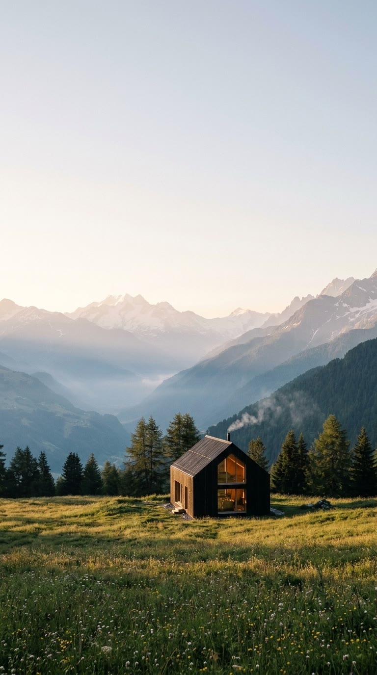 The charred-timber lodge sitting alone in a wildflower meadow at sunrise, mist in the valley behind