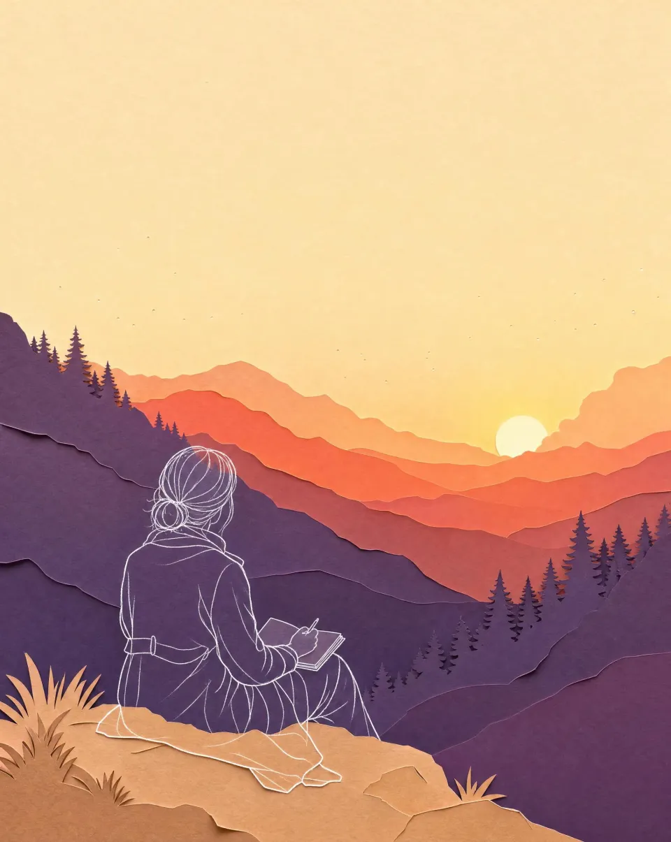 A woman drawn in white pencil line, writing in a notebook on a rock above a paper-cut sunrise valley