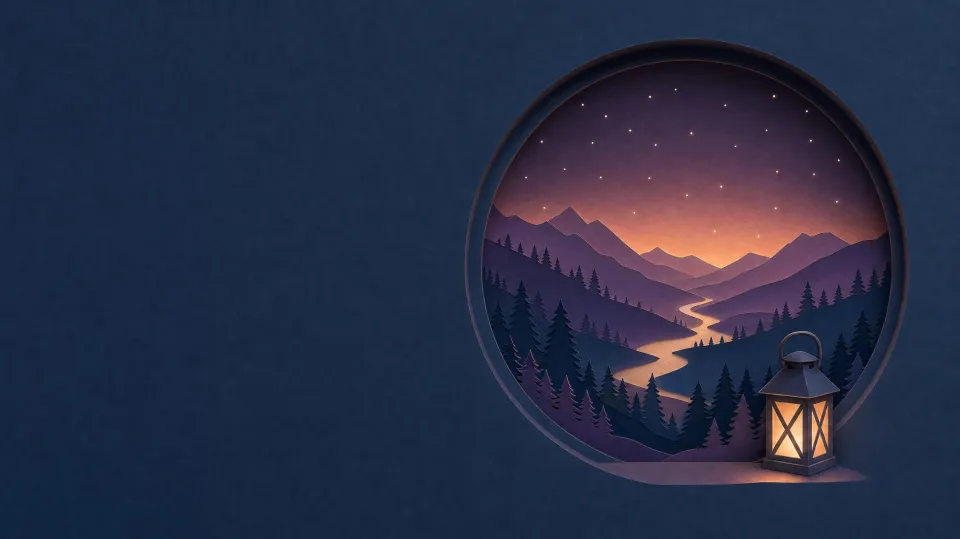 A round paper window in a night-blue wall, a winding river valley inside it, a lantern glowing on the sill