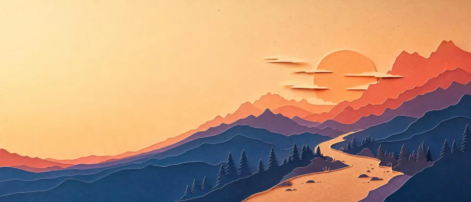 A wide paper-cut sunrise over layered hills and a river