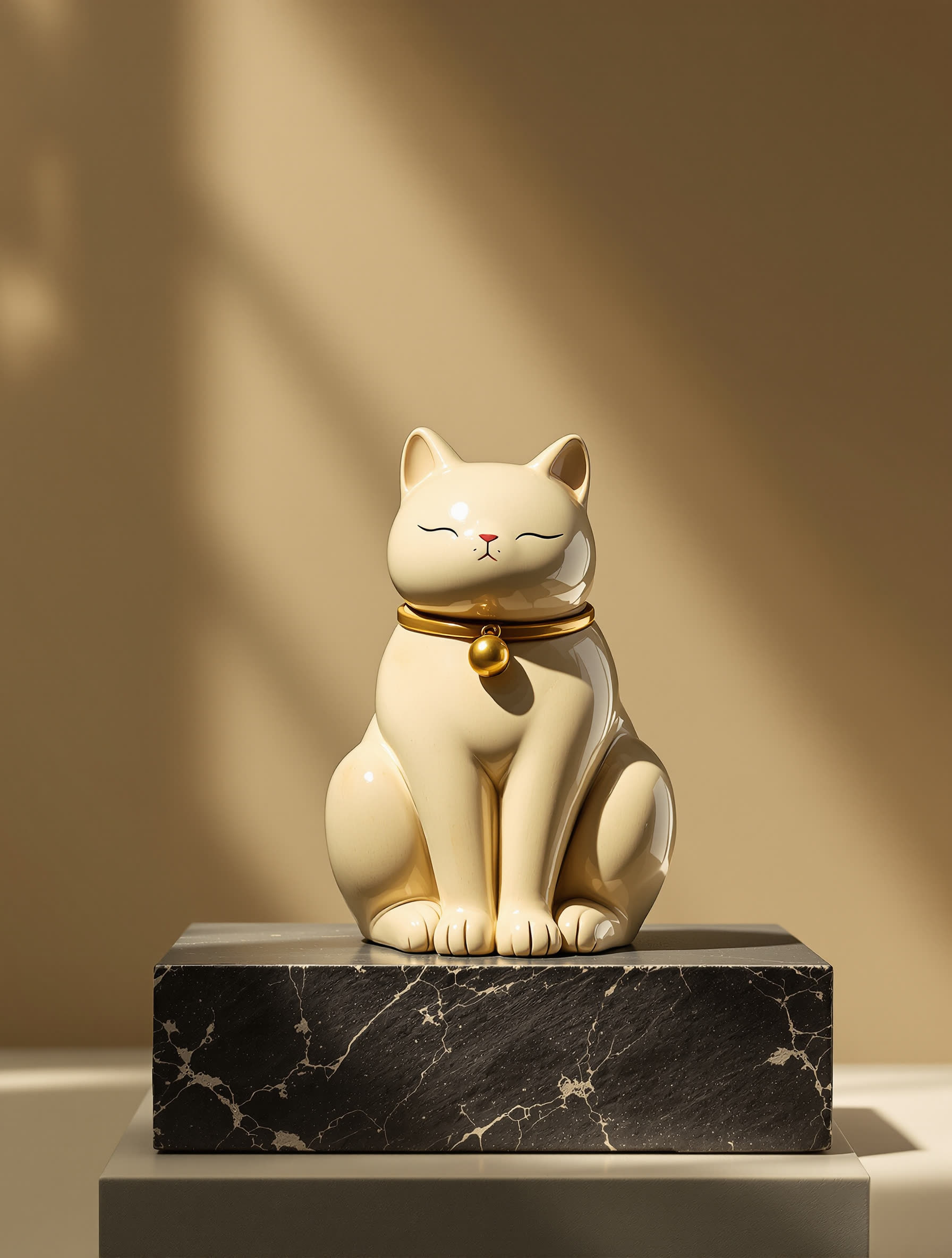 Cream glazed cat spirit figurine with a brass bell collar, seated on a black marble plinth.