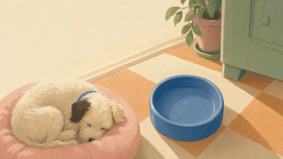 A fluffy white puppy asleep on a pink cushion beside a blue bowl in a sunny kitchen, painted in gouache