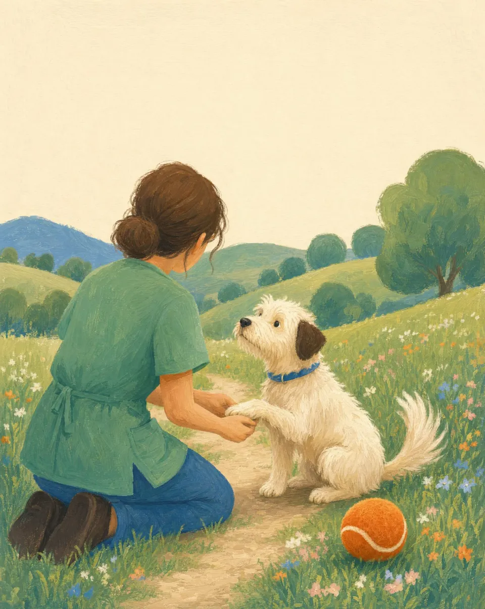 A vet in green scrubs kneeling in a meadow to shake paws with a fluffy white dog, a felt ball beside them