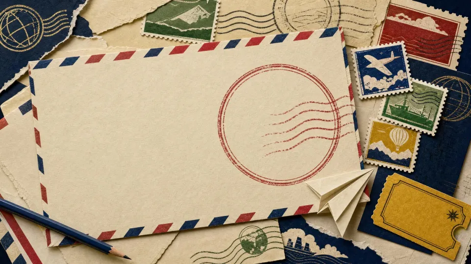 An airmail envelope with a red postmark on a desk of stamps, a paper airplane resting beside it