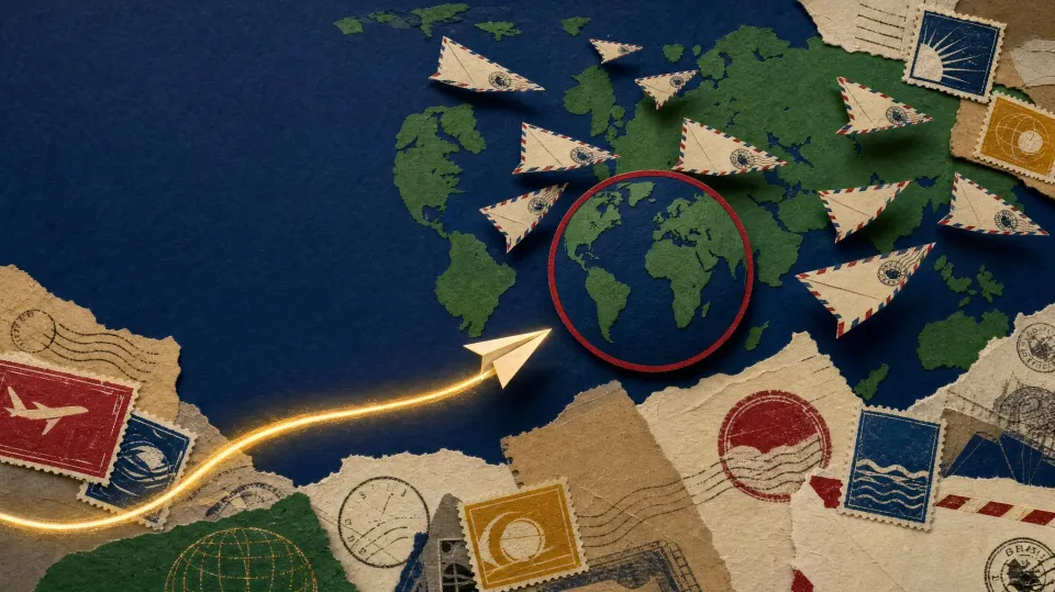 A navy paper world map with a globe stamp and a flight of paper airplanes trailing a golden line