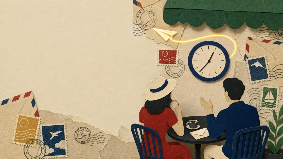 Paper-cut café scene: two people at a small table under a navy wall clock, a green awning and stamps around them