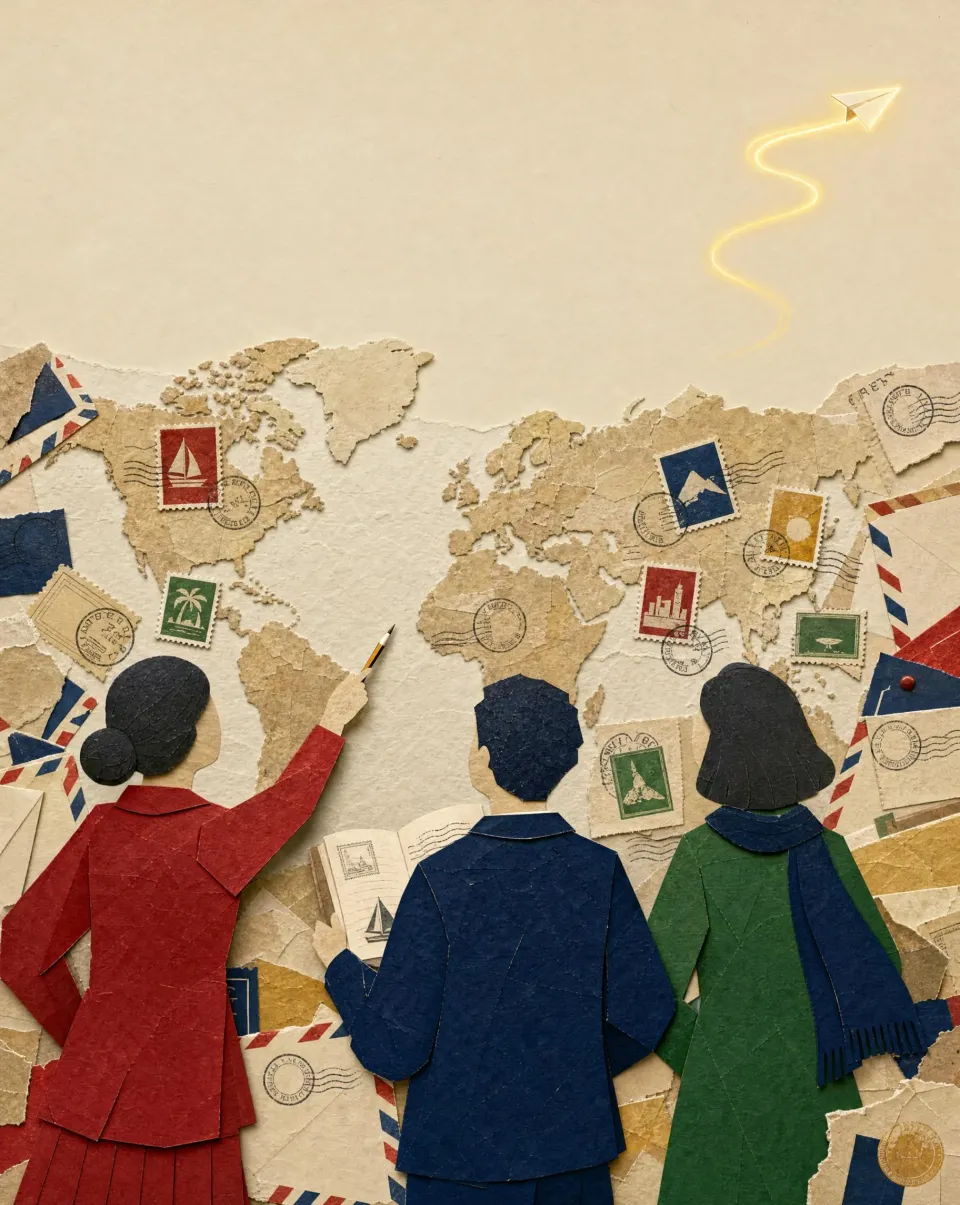 Three paper-cut teachers in red, navy and green pointing at a world map covered in stamps