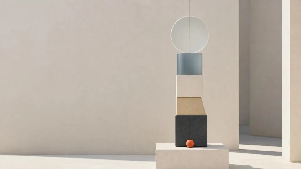 Three stone blocks and a glass sphere balanced in a single column in sunlight