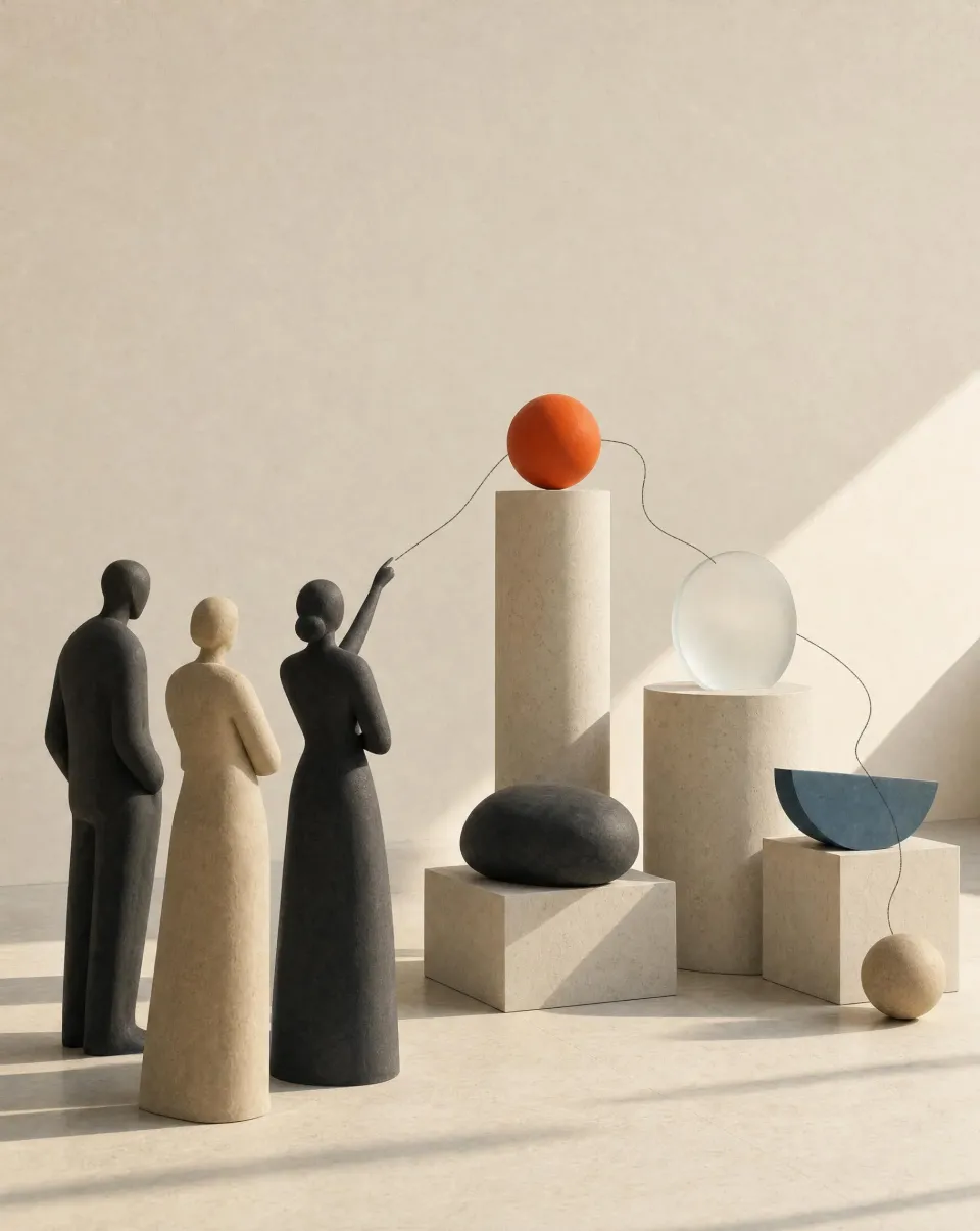 Three figurines considering a sculpture of stone, glass and an orange sphere