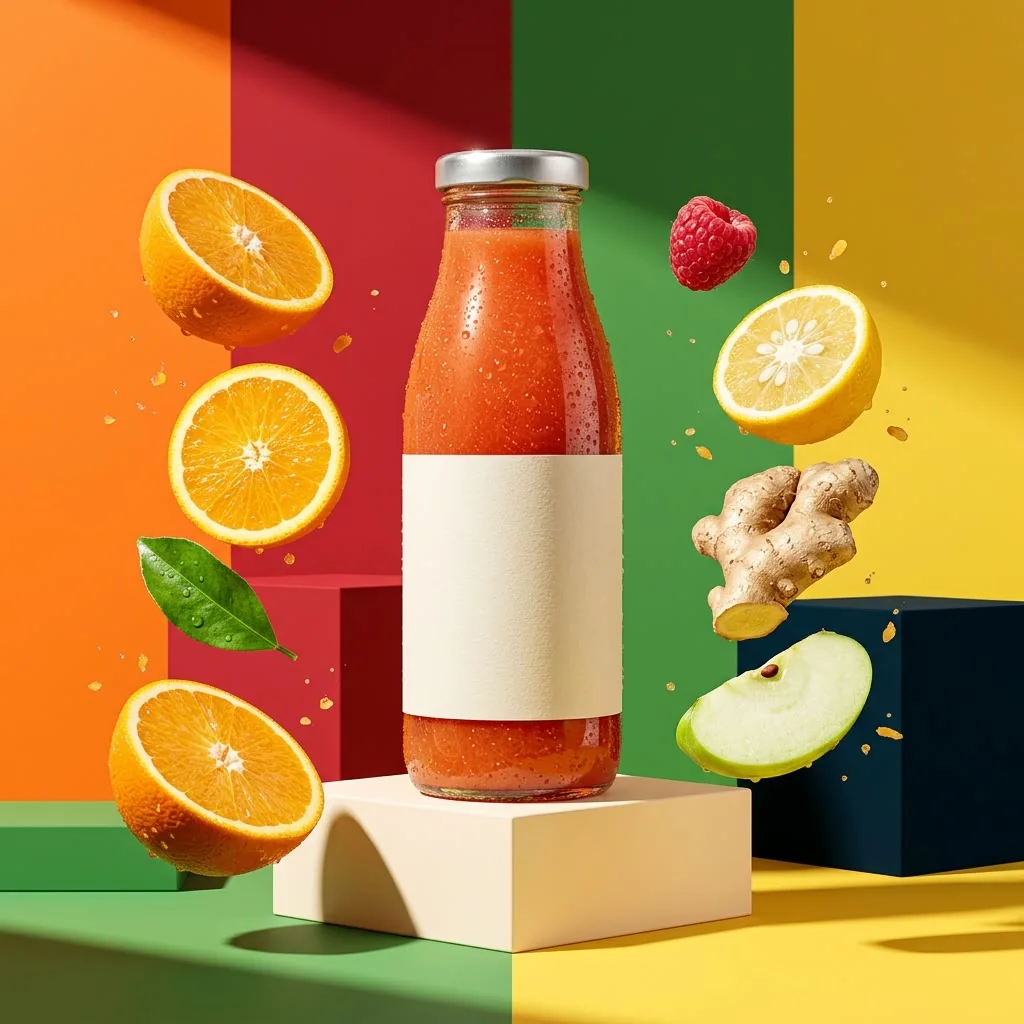 A bottle of juice on a colour-blocked set with oranges, a raspberry and ginger floating around it