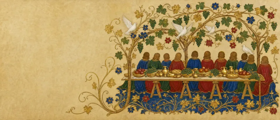 Illuminated border: a long feast table under a vine arbour, figures in red and blue gathered around it