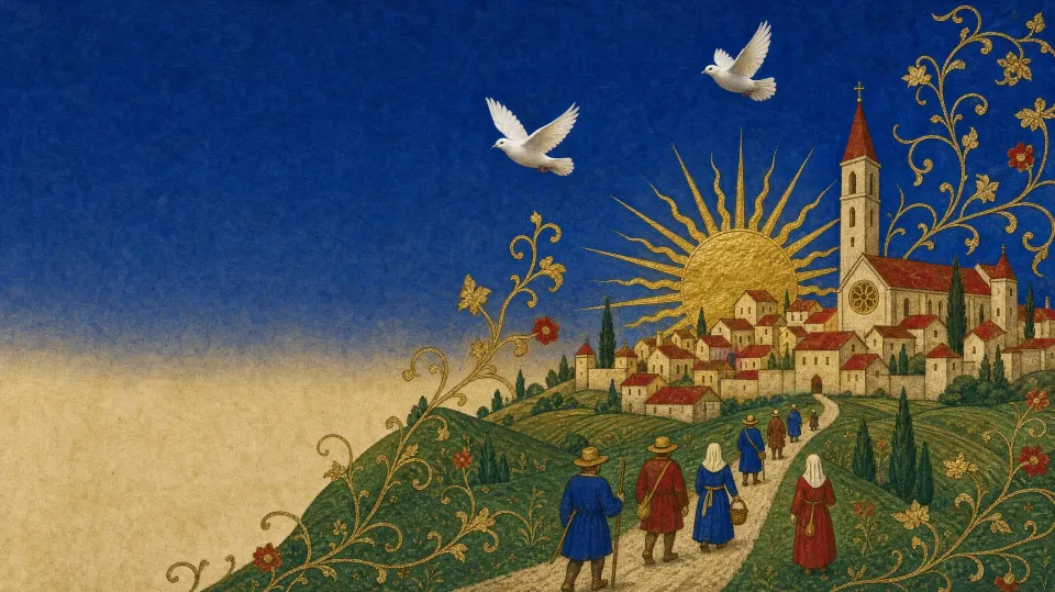 Illuminated miniature: a gold sun rising over a hill town, doves in a lapis sky, people walking up the path