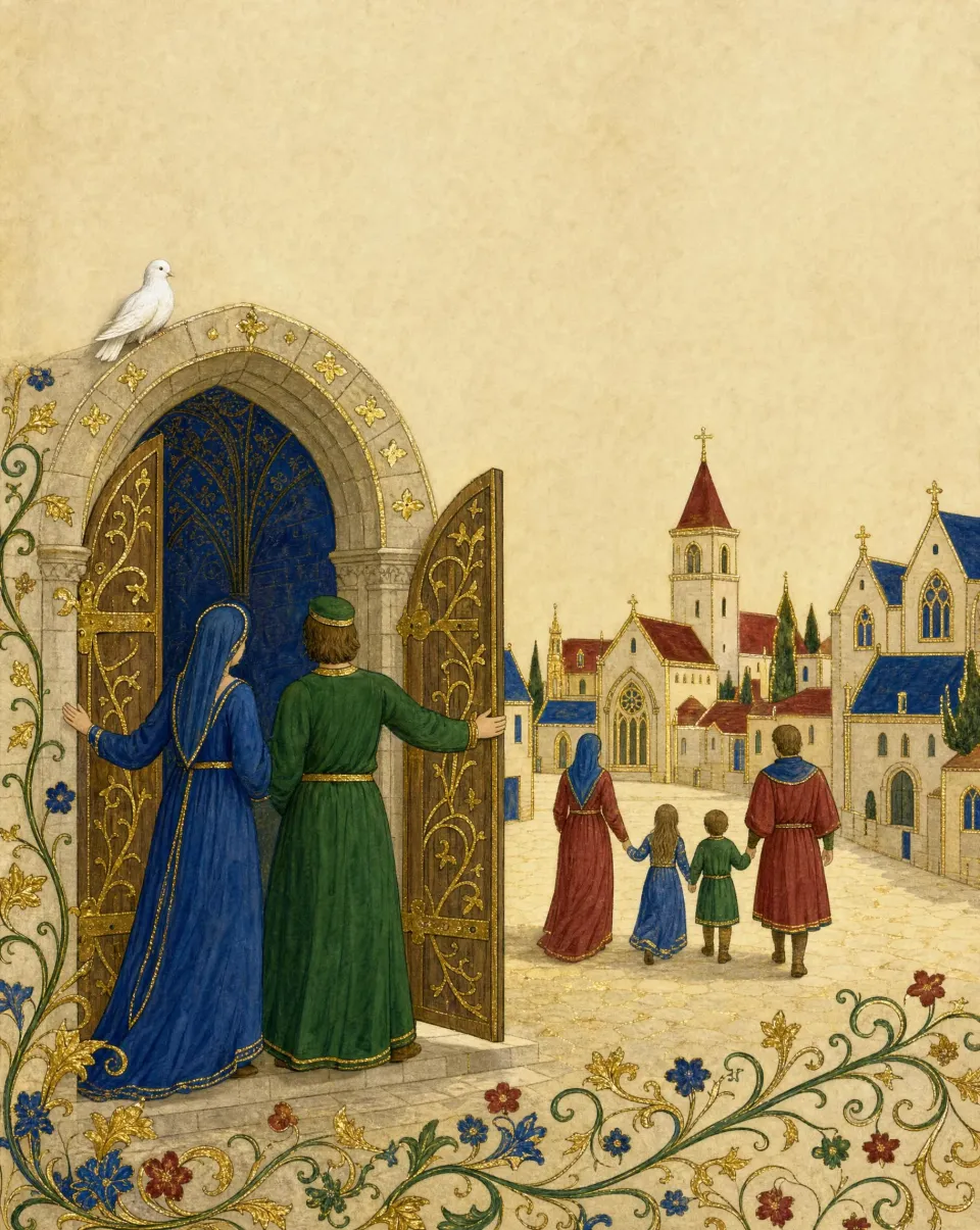 Illuminated miniature: two people opening a carved wooden church door onto the town, a white dove on the arch