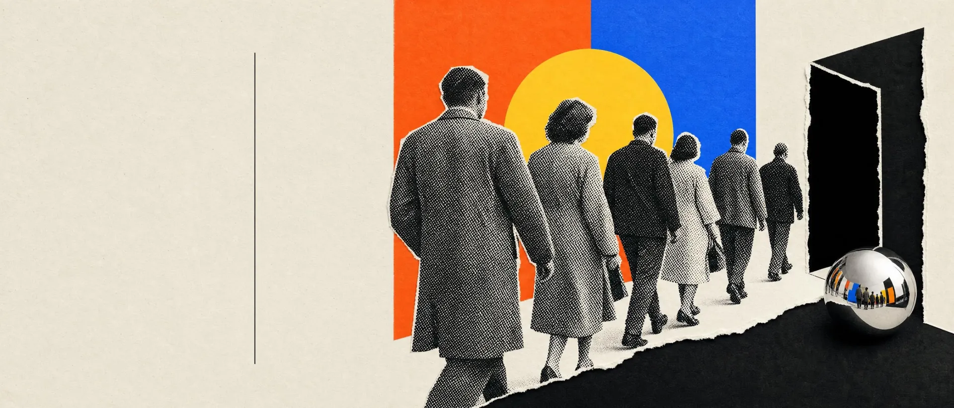 Halftone cut-out figures walking towards an open black doorway over orange, blue and yellow blocks
