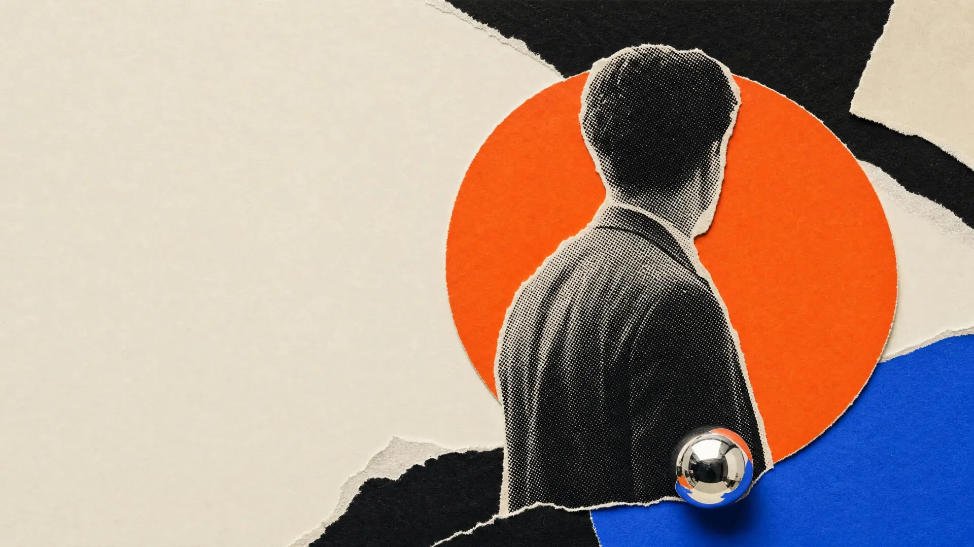 One halftone figure in front of an orange paper circle, the crowd torn away