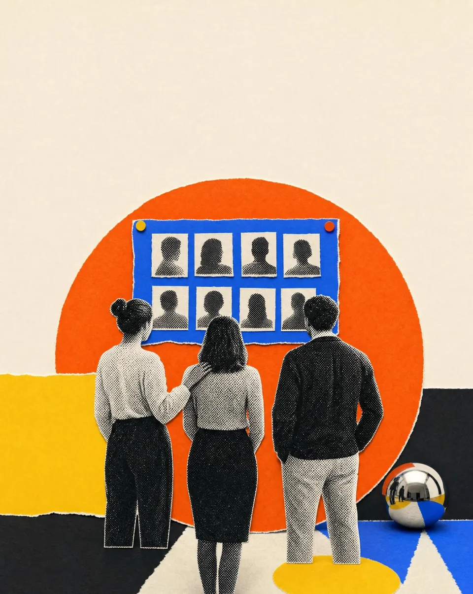 Three recruiters seen from behind in front of a large orange circle and a board of portraits