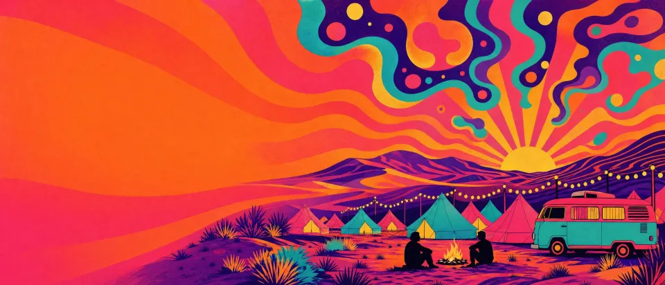 A psychedelic poster of tents, a campfire and a camper van under a swirling sunset