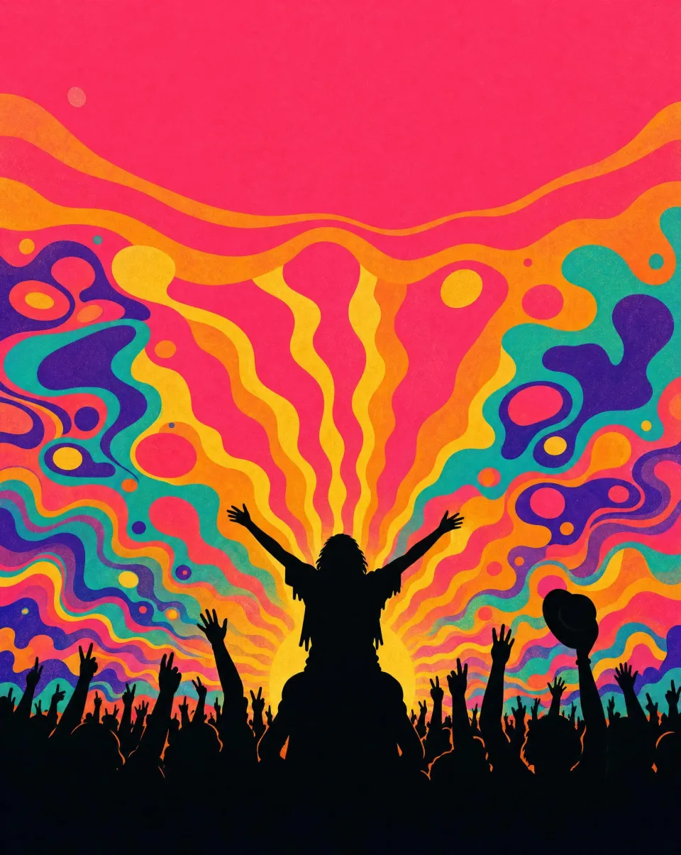 A crowd of black silhouettes with raised hands under a psychedelic sky