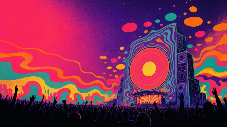 A giant psychedelic speaker stack over a crowd of silhouettes at dusk