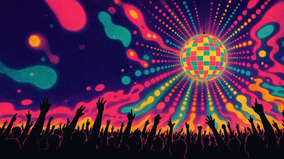 A mirror ball throwing rays over a crowd of raised hands