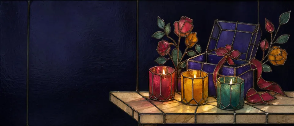 Three glass candles in red, amber and jade on a marble ledge beside a gift box