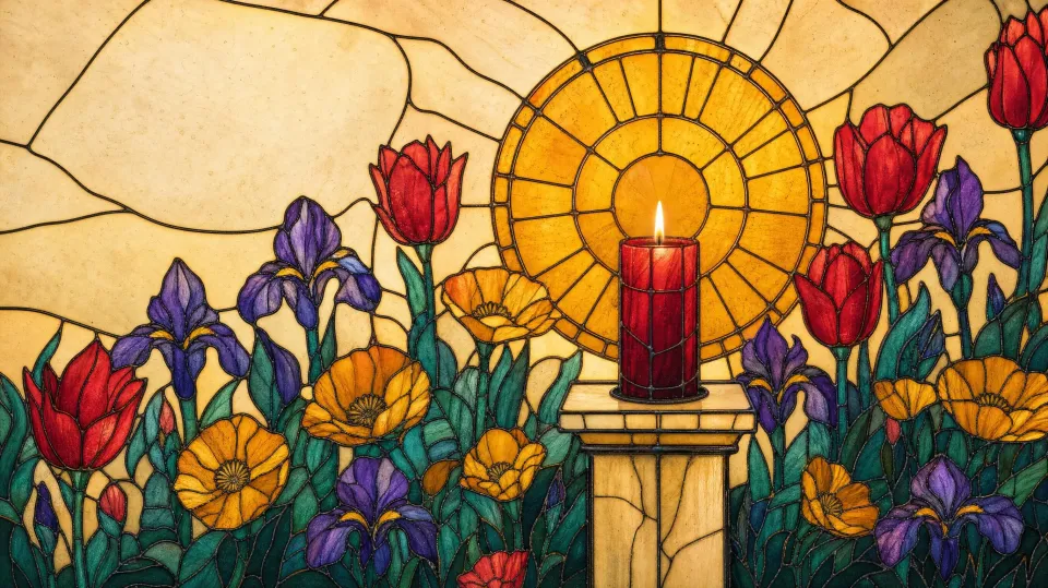 A red candle on a stone column inside a stained-glass halo of tulips and irises