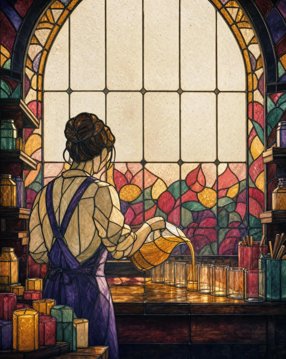 A maker in an apron pouring wax into coloured glasses under an arched stained-glass window
