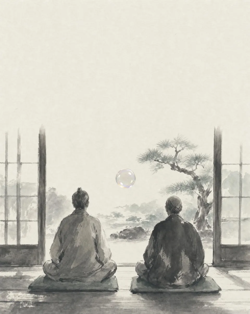 Two students sitting on cushions facing an open garden door, a pine beyond, in grey ink wash