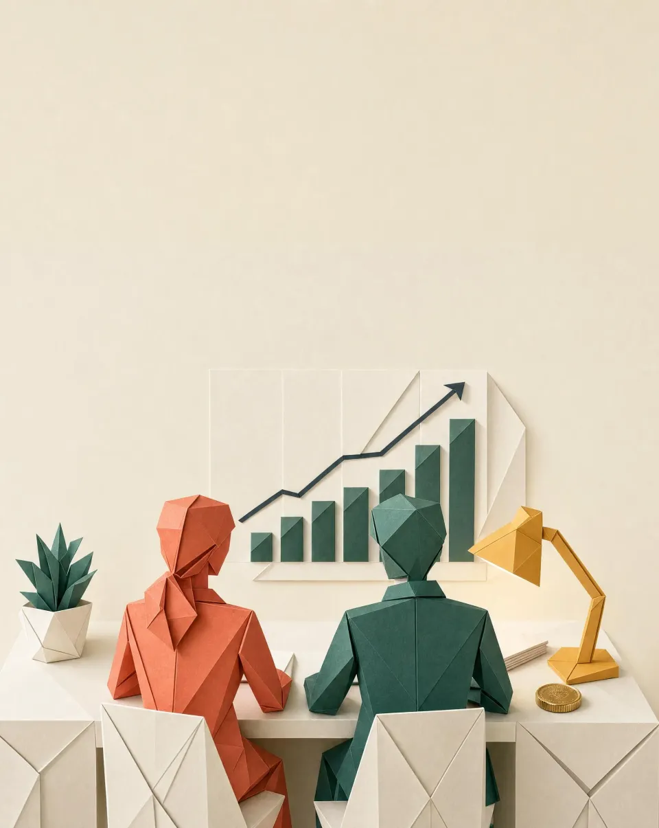 Two folded-paper accountants at a desk in front of a rising chart