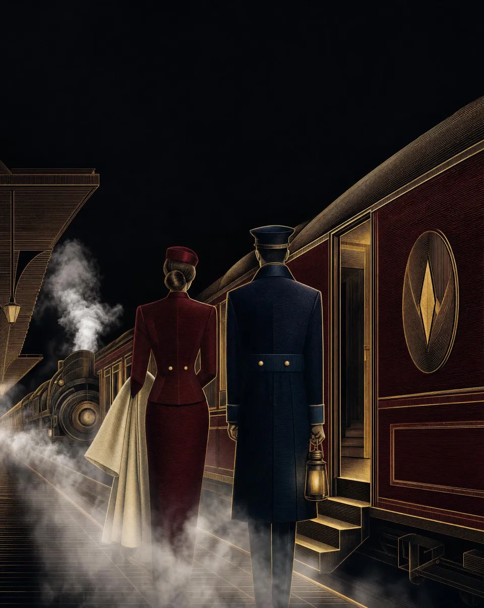 The steward and the conductor seen from behind on a night platform beside a burgundy carriage, steam around their feet