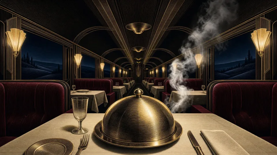 A silver cloche on a white tablecloth in the dining car, burgundy banquettes and gold lamps down the aisle
