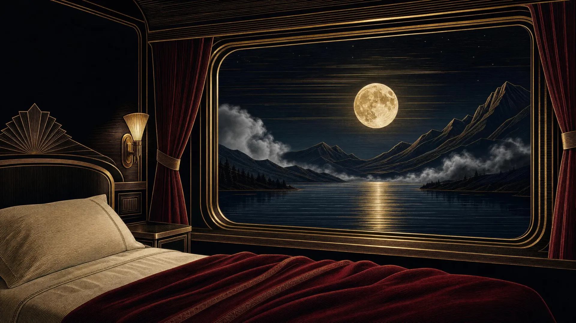 A sleeper cabin window at night: a full moon over a still lake, its reflection a column of gold lines, a turned-down berth in the foreground