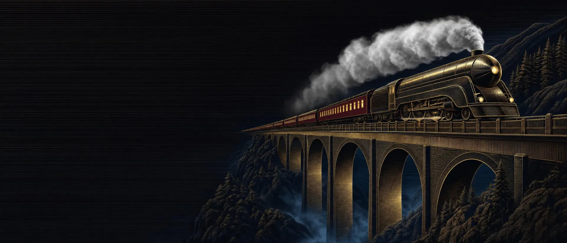 The full train crossing a tall arched stone viaduct at night, steam trailing back