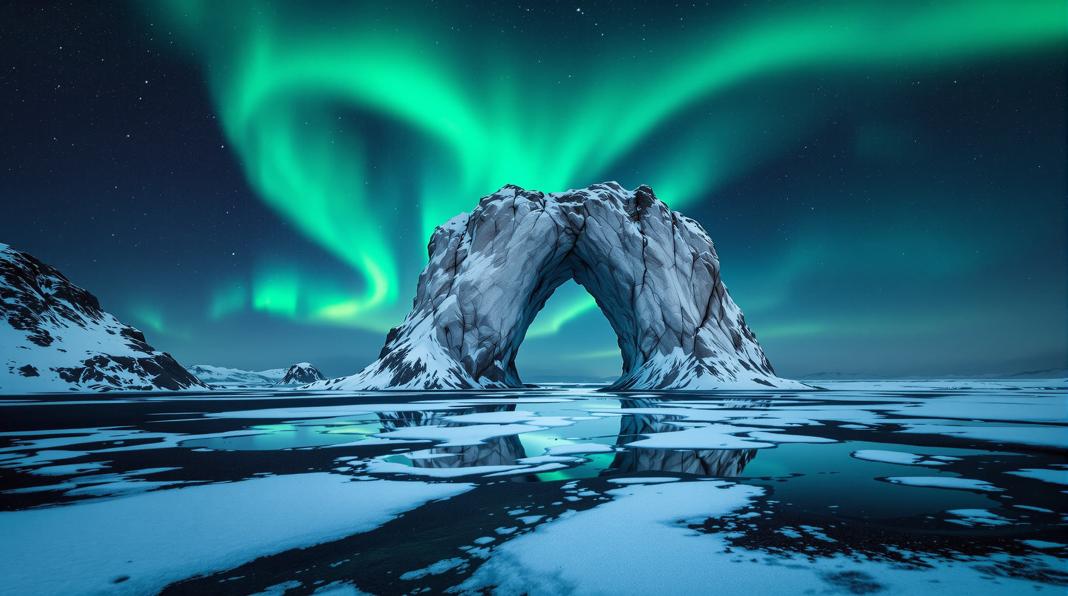 The arch on a frozen black beach beneath a green aurora, mirrored in sheets of meltwater.
