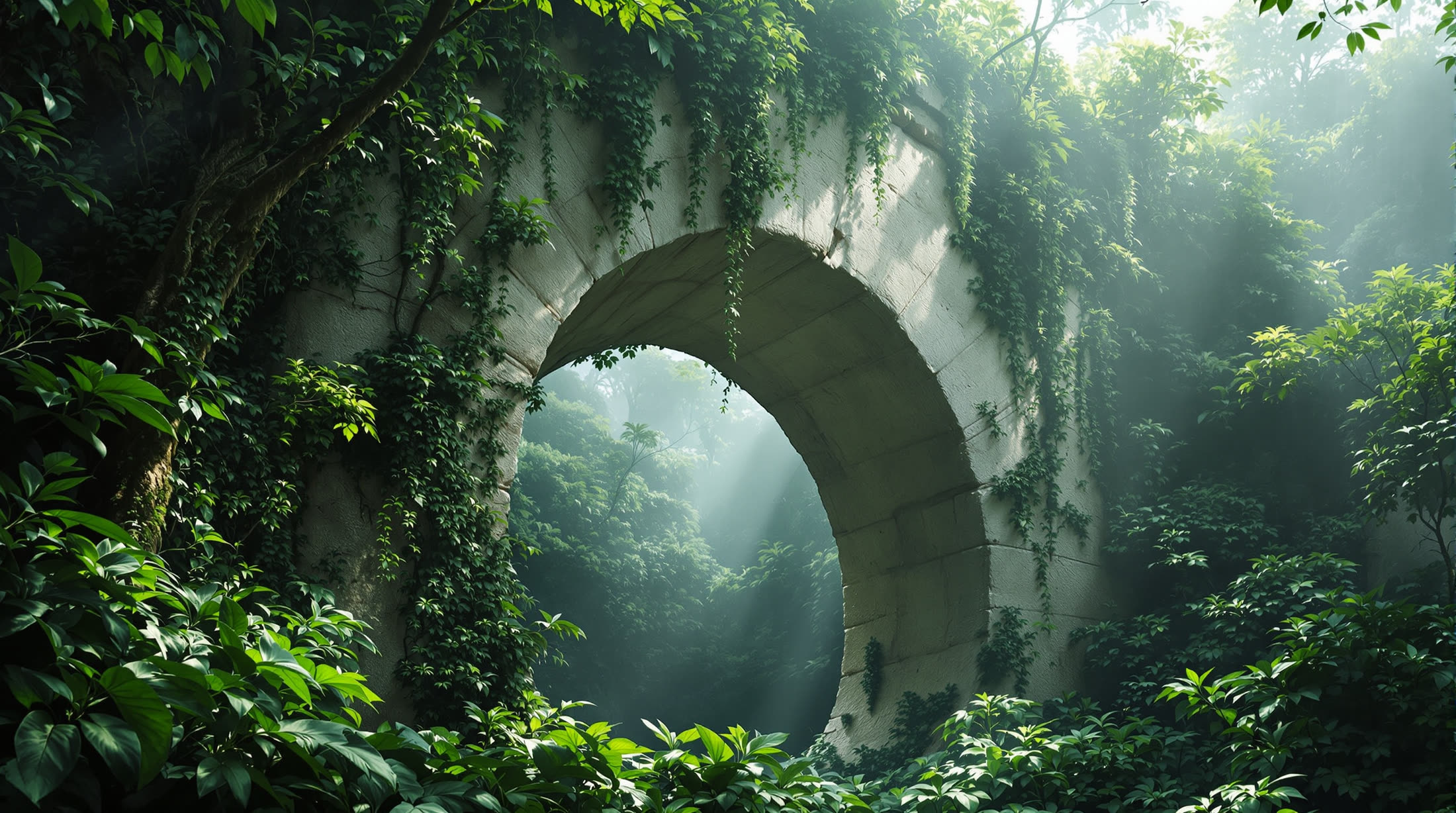 The arch swallowed by emerald jungle, god-rays falling through canopy mist into its opening.