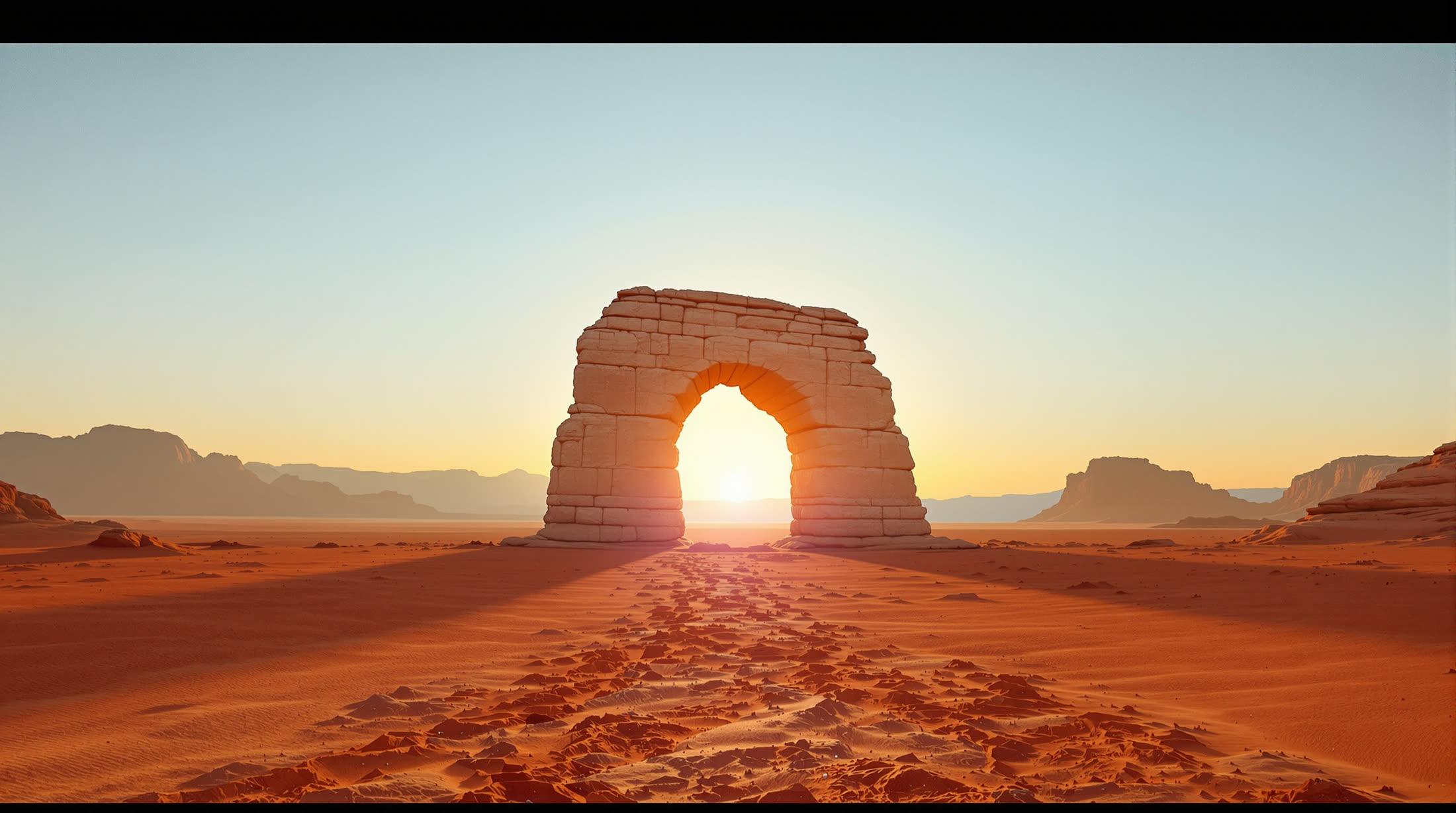 A pale limestone arch standing alone on a rust-orange desert plain, a low sun burning through its opening.