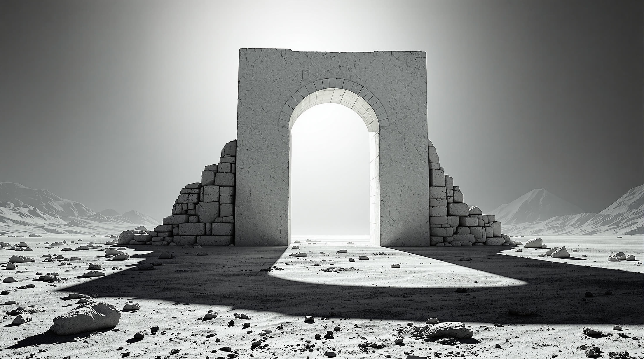 The same arch on a grey lunar ash plain under hard white light, its shadow thrown far across the dust.