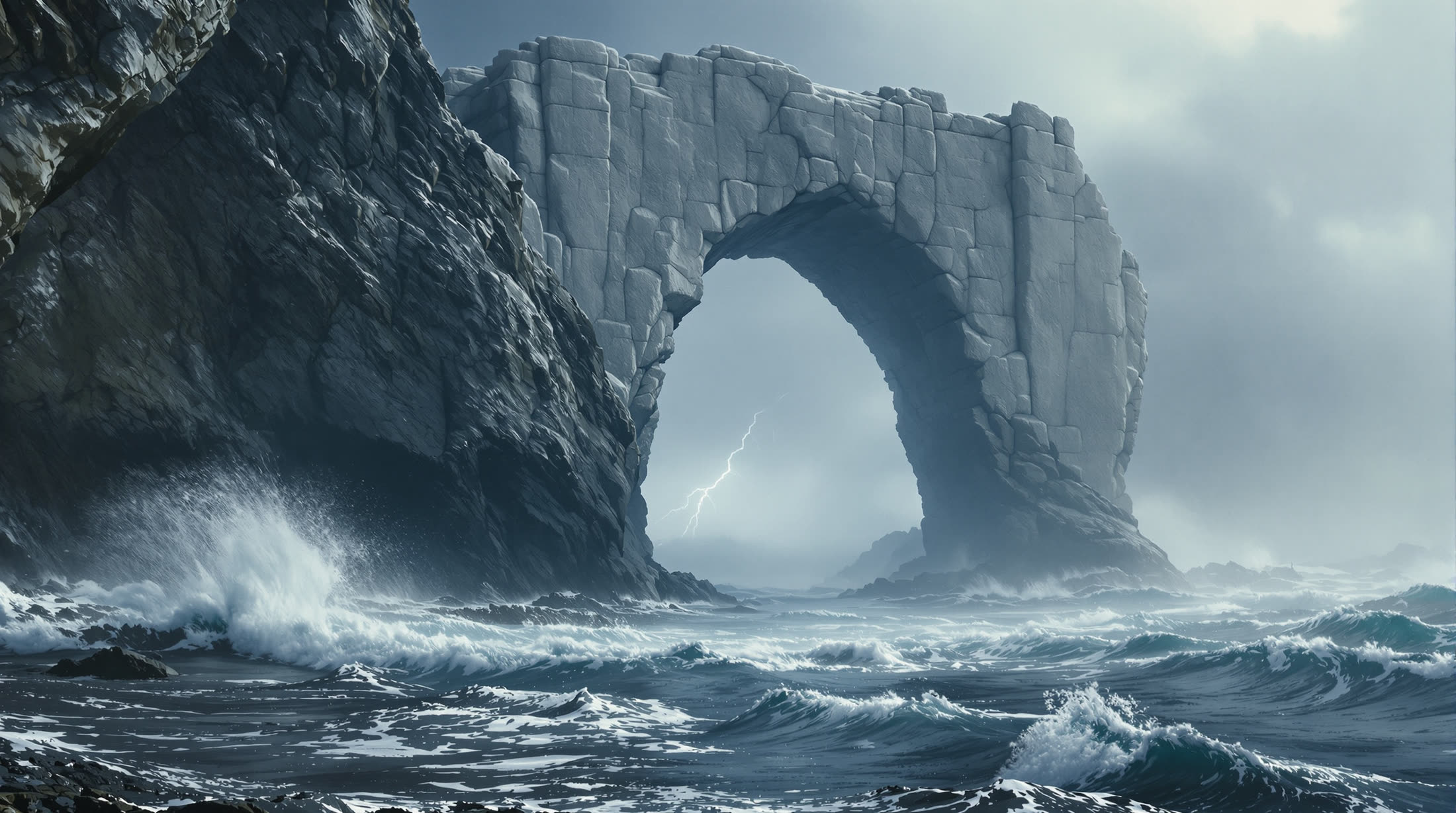 The arch on a black basalt cliff above a violent ocean, a storm wall and lightning behind it.