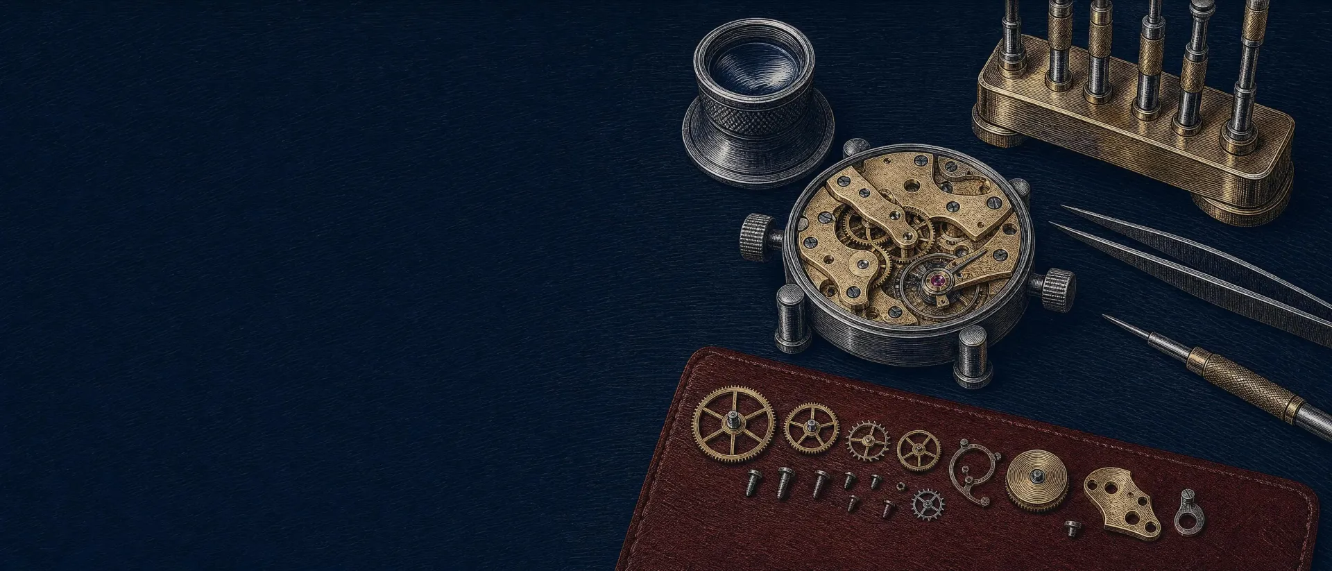 A watchmaker's bench at night: a loupe, a movement in its holder, tweezers and wheels laid out on oxblood leather