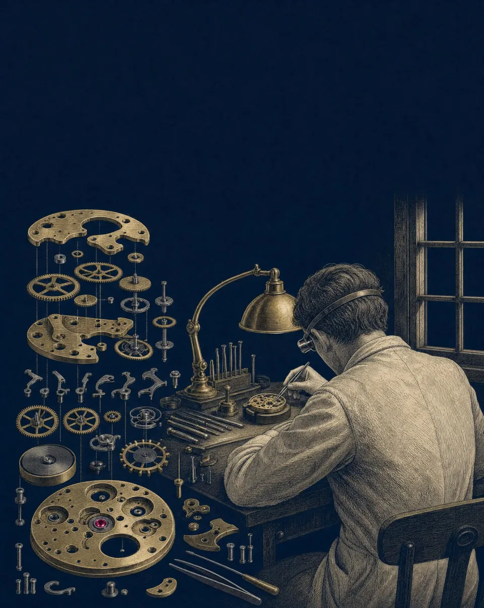 An engraving of a watchmaker at his bench under a lamp, the parts of a movement floating beside him
