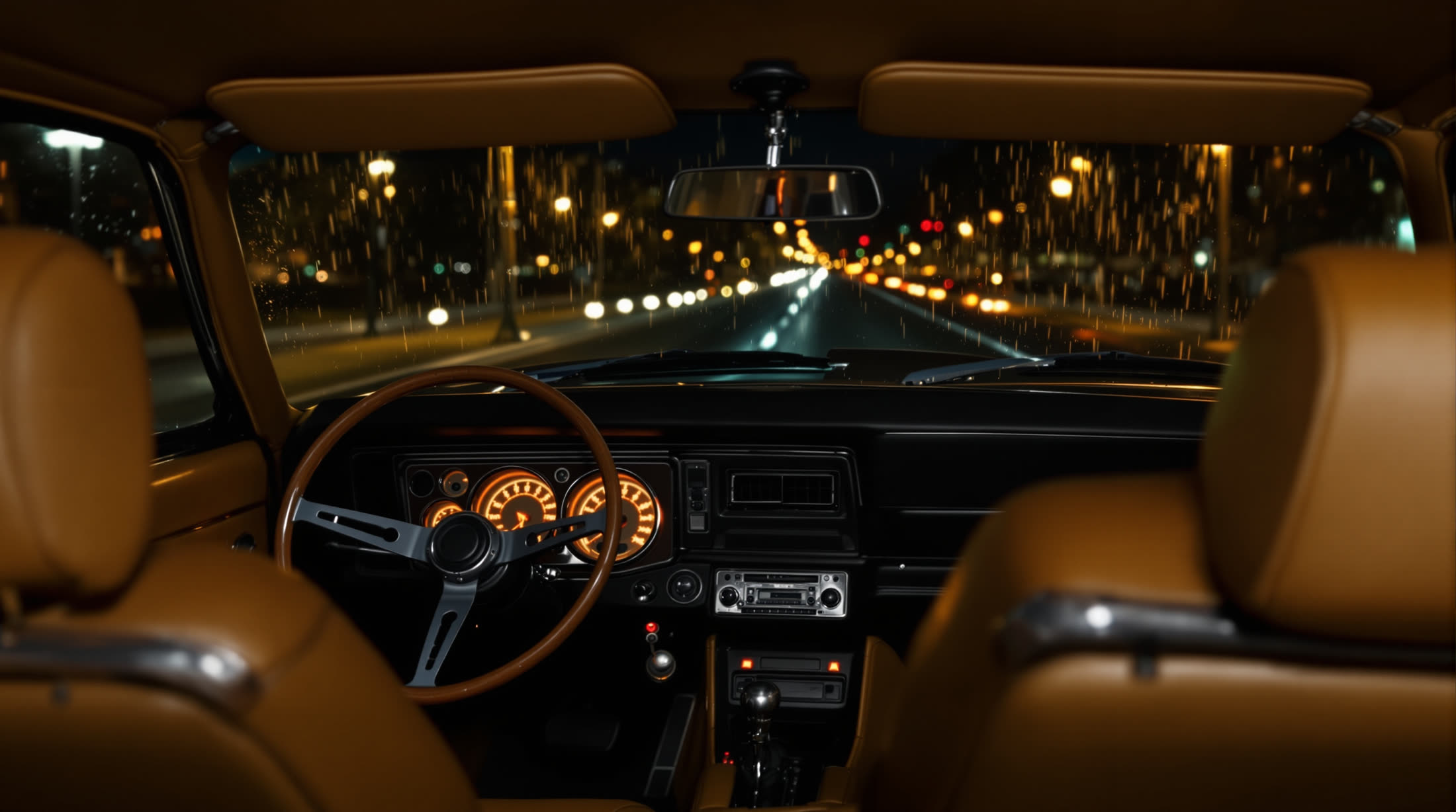Night interior with tan leather and glowing amber gauges, rain on the glass.