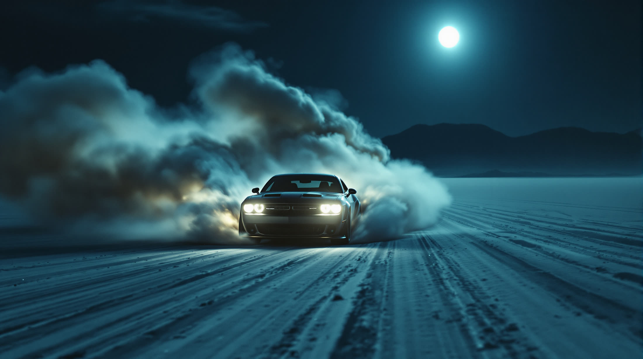 The VANTA tearing across a moonlit salt flat, throwing a wall of dust.