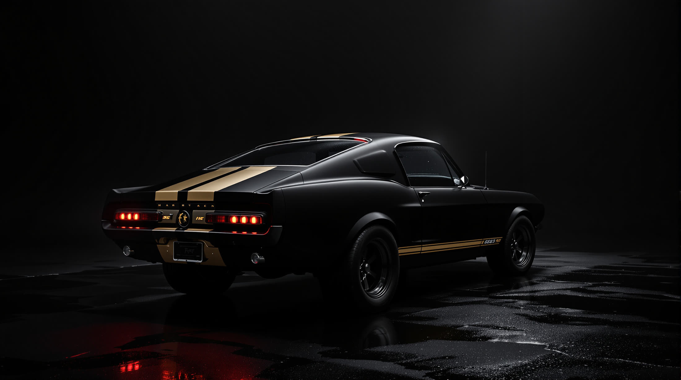 Matte black VANTA fastback revealed in a blacked-out studio, red tail lights lit.