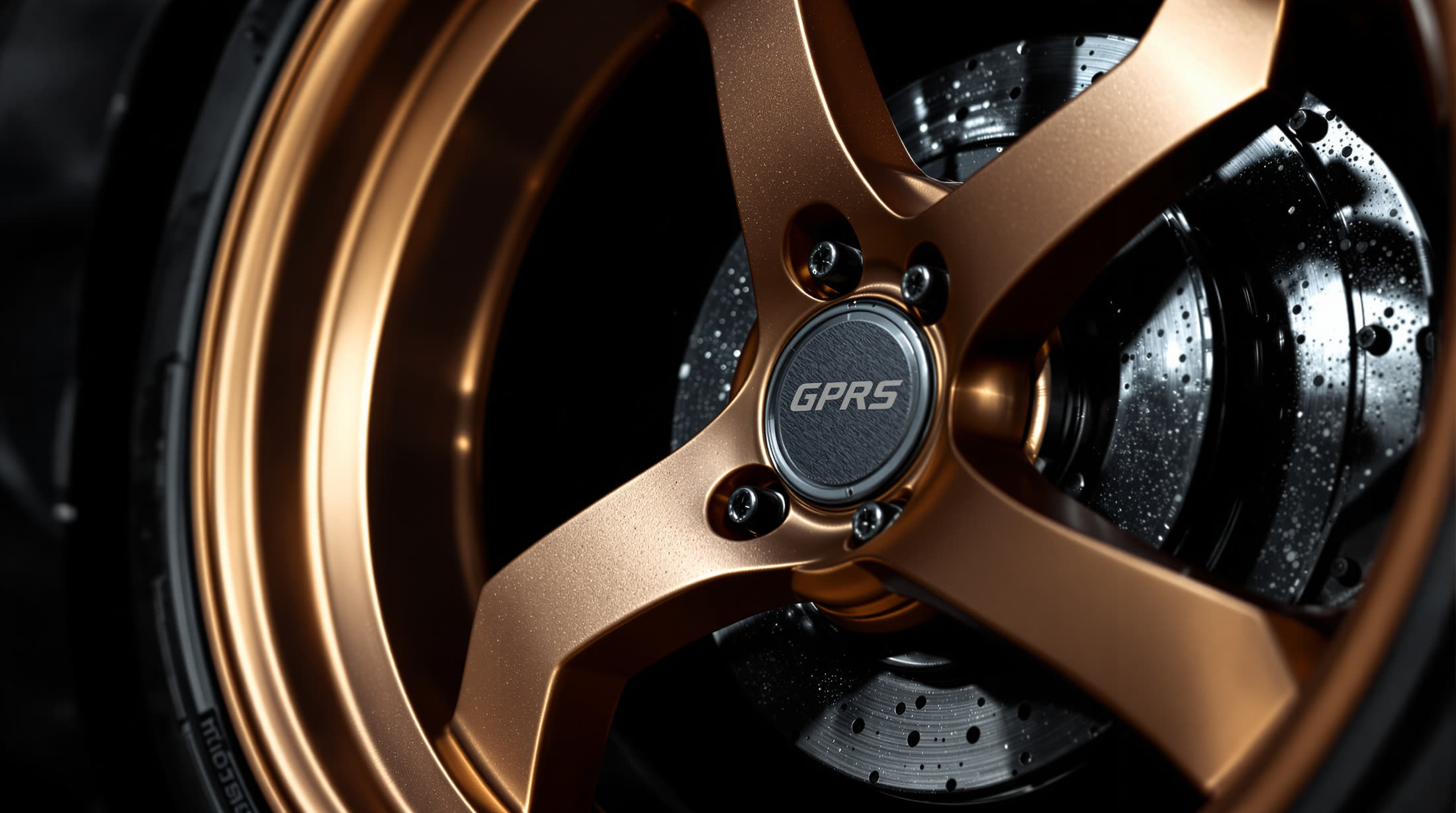 Macro of a forged bronze wheel over a carbon-ceramic brake disc.