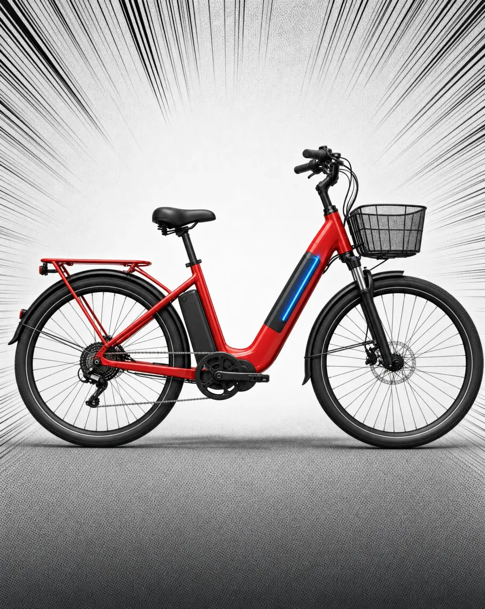 VELO City e-bike in signal red with a front basket, drawn against manga speed lines