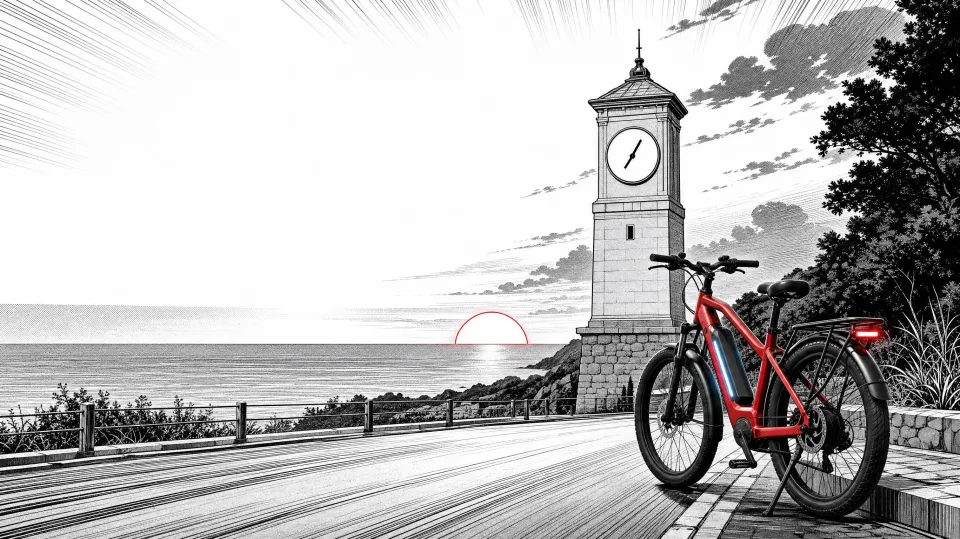 A red e-bike parked by a seafront clock tower at dusk