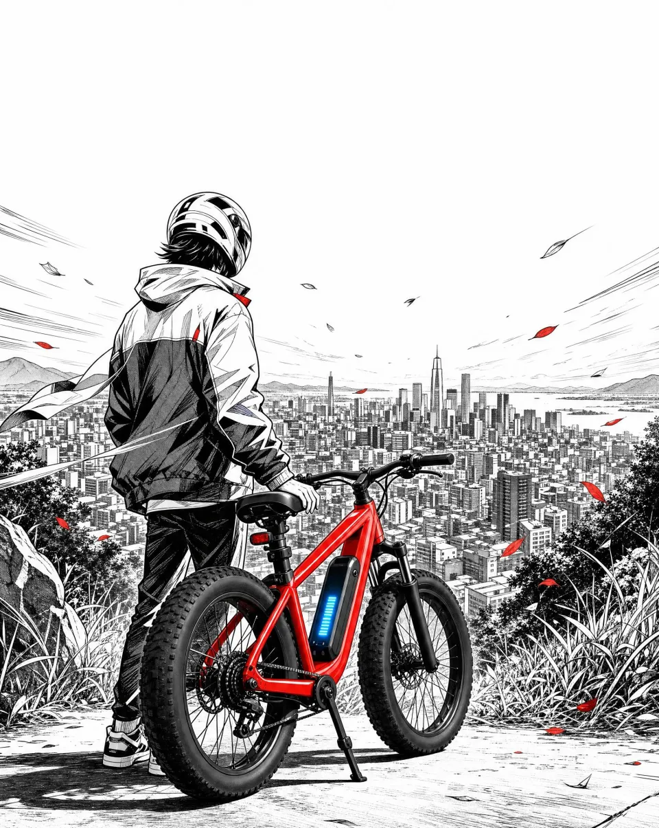 A rider in a helmet looking over the city beside a red VELO Trail
