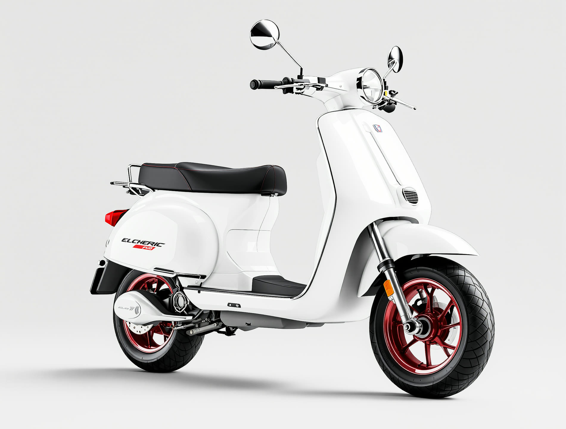 A glossy white VOLTA electric moped with deep red wheel rims, three-quarter front view.